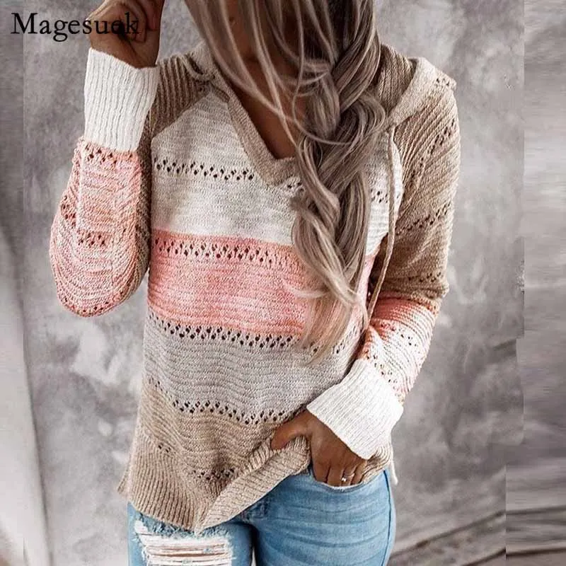 

Casual V Neck Patchwork Striped Pullover Hooded Sweater Long Sleeve Knitted Sweater Autumn Winter Women Jumpers Women Top 11663