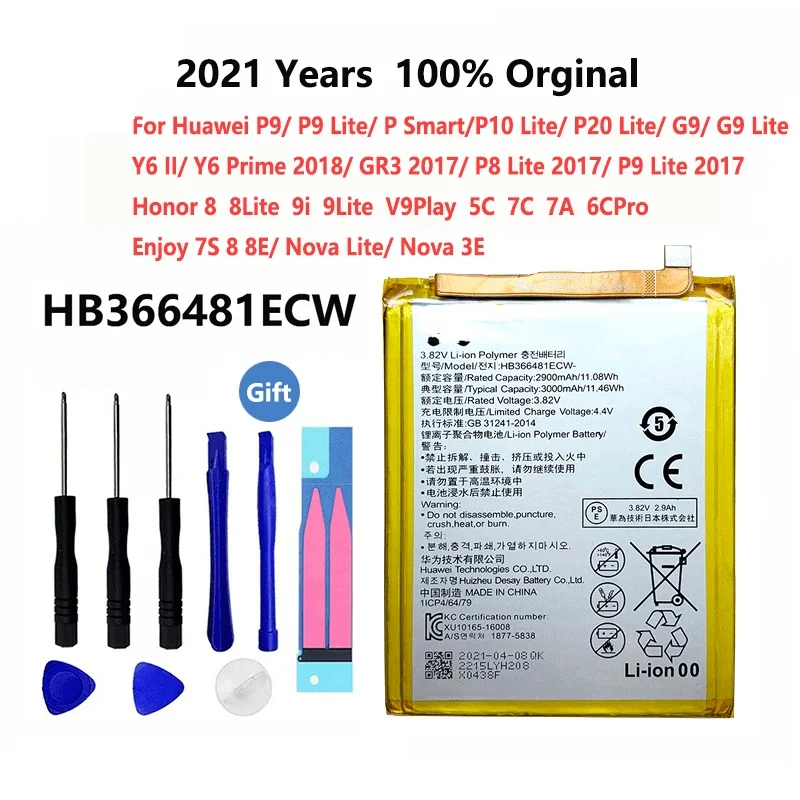 

100% Original Phone Battery 3000mAh HB366481ECW For Huawei Ascend P9 G9 Honor 8 9i 9 5C 7C 7A Y6 II Prime 2018 GR3 P8 Lite 2017