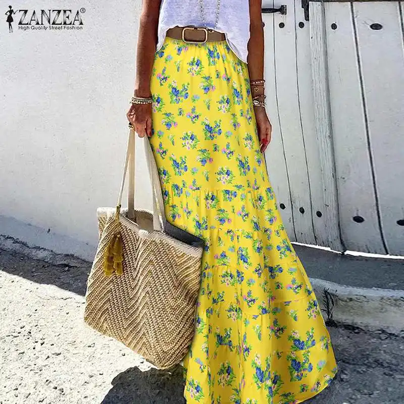 

Summer Floral Printed Long Skirts Women Bohemian Beach Faldas Saia ZANZEA Vintage Elastic Waist A-line Party Skirt Jupe Kaftan