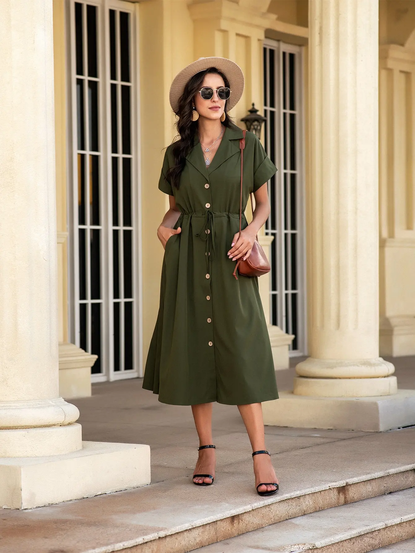 

Summer New French Retro Chiffon Waist Slimming Temperament Knee-Length Dress Shirt Dress Button Belt Dress