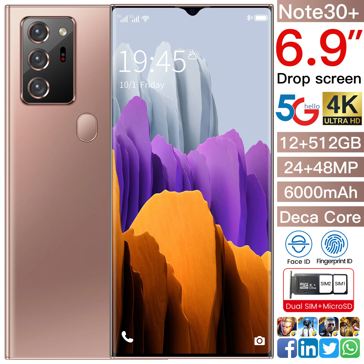 

2021 Newest 6.9" Galax Note30+ Mobile Phone Snapdragon 865 Android 10.0 12GB+512GB 6000mAh Fingerprint Unlock Smart Cellphone