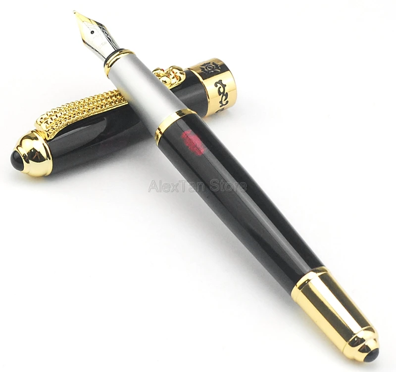 

Jinhao Portable Fountain Pen Classic Style Dragon Clip, Medium Nib Black And Red Writing Signature Pen Business Office Supplies