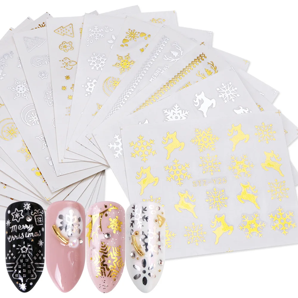 

16pcs/set Nail Art Christmas Gold and Silver Watermark Stickers Set, Snowflake Deer Head Nail Water Stickers Nail Decorations