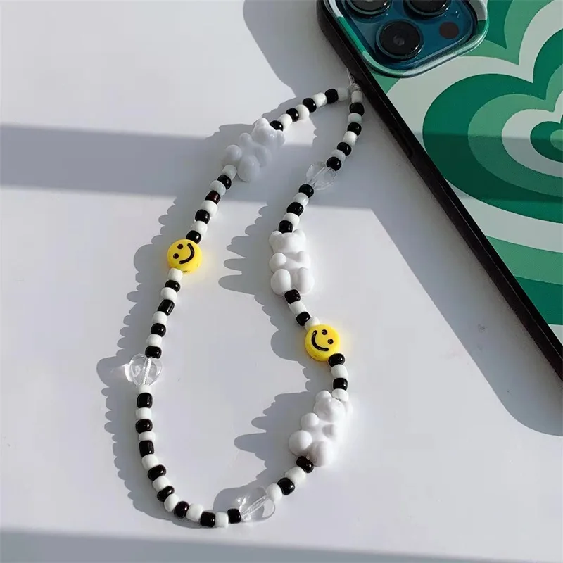 

Japanese And Korean Black And White Round Rice Beads Bear Transparent Love Heart-Shaped Mobile Phone Lanyard Jewelry Accessories