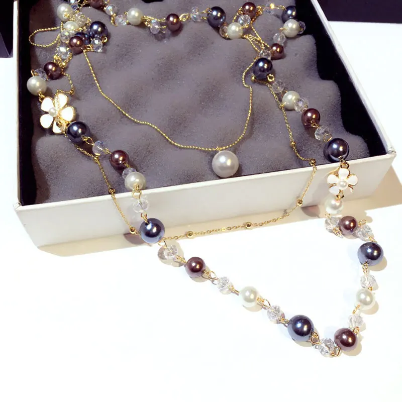 Модная трехслойная длинная жемчужная Цветочная темпераментная цепочка для