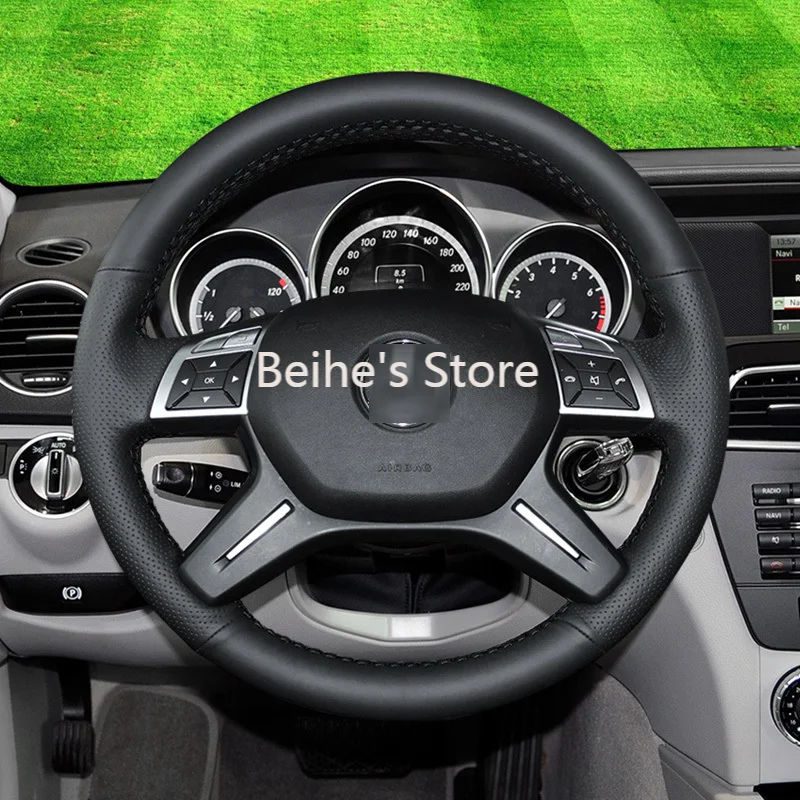 Черная кожа черная перфорированная нить ручная работа чехол рулевого колеса