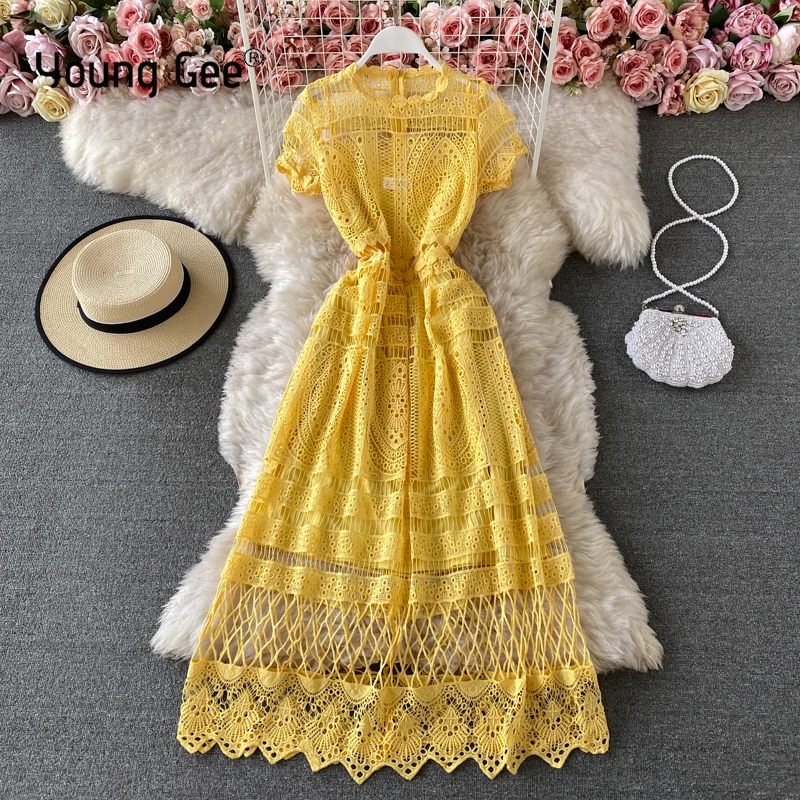

Young Gee Women Elegant Yellow Crochet Lace Dress Summer Short Sleeve Hollow Out Casual Party Midi Vintage Holiday Dresses