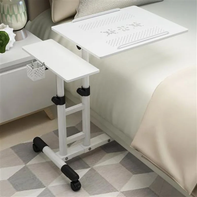 

Laptop Stand Rolling Cart, Foldable Portable Mobile Height Adjustable Standing Table with Side Basket for Home Office
