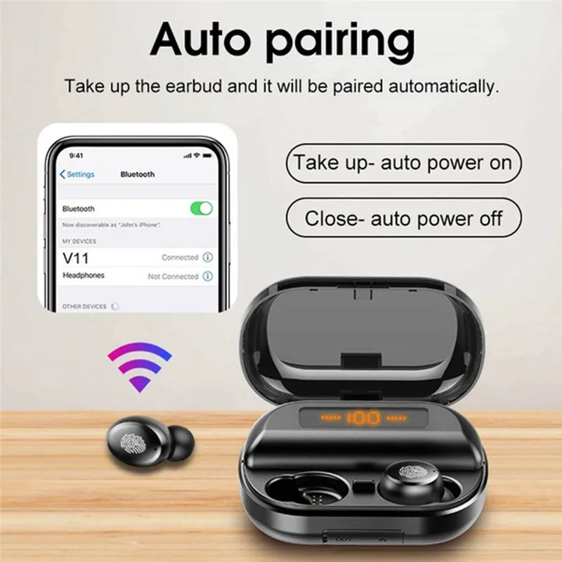 

V11 Bluetooth 5.0 Waterproof IPX5 Headphones Wireless Stereo Canceling Sports Earphone Microphone With Charging Box Headset