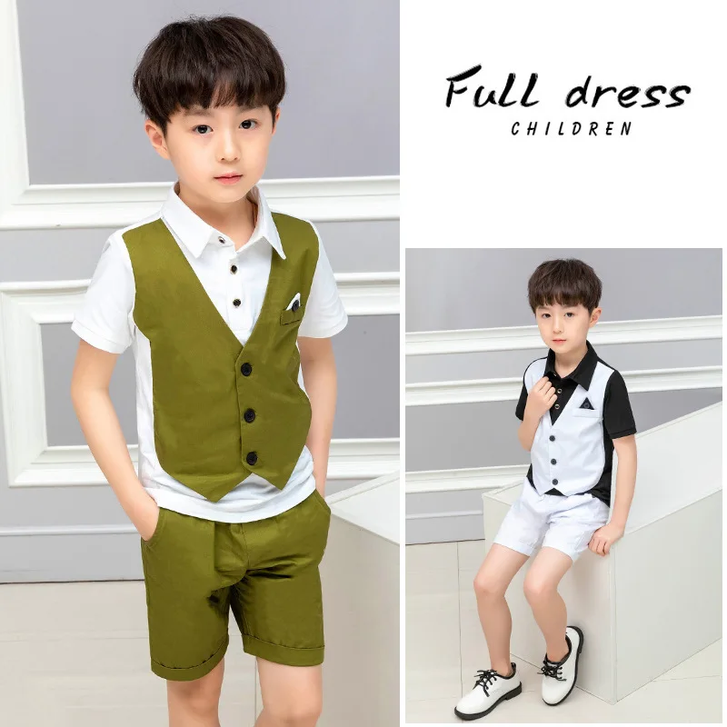 

2-9 Years Toddler Boys Clothing Set Summer New Boys Handsome Suits Fake Two Vest Shirts Shorts 2pcs For Boys Kids Baby Clothing