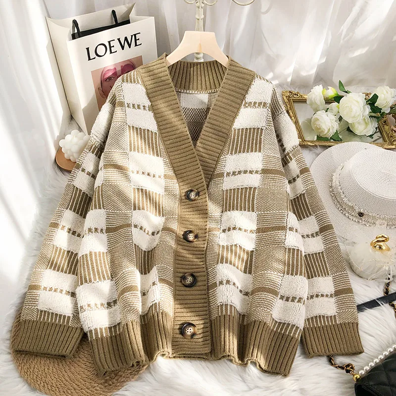 

Fashion casual sweater jacket female 2021 early spring new loose lazy style Korean thickened plaid knitted cardigan