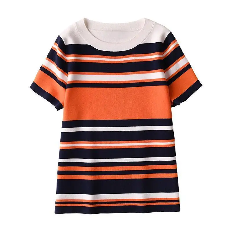 

2021 spring and summer new color matching striped short sleeve T-shirt women's summer ice silk contrast sweater slim thin coat