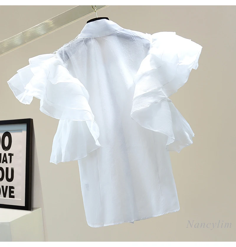 À volants Perles Paillettes Sans Manches Chemise Femmes 2021 Haut d'été Style Coréen Minceur Diamant Arc Soleil Protection Blouse Blusa