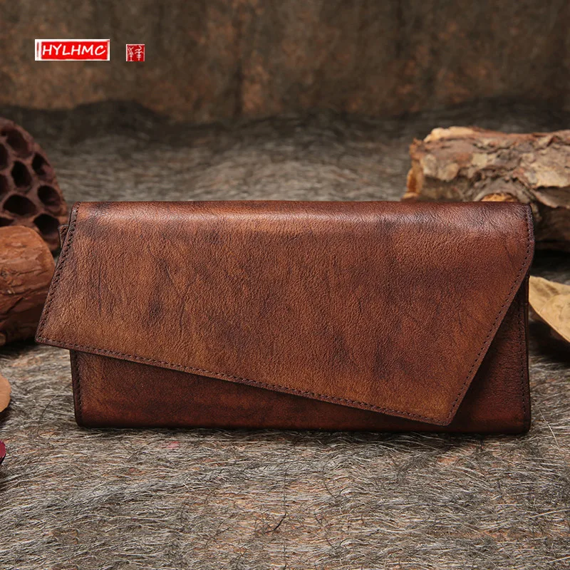 New Retro Simple Genuine Leather Women Wallets Clutch Bag Manual Vertical Long Purse Toe Cap Female Card Holder Wallet