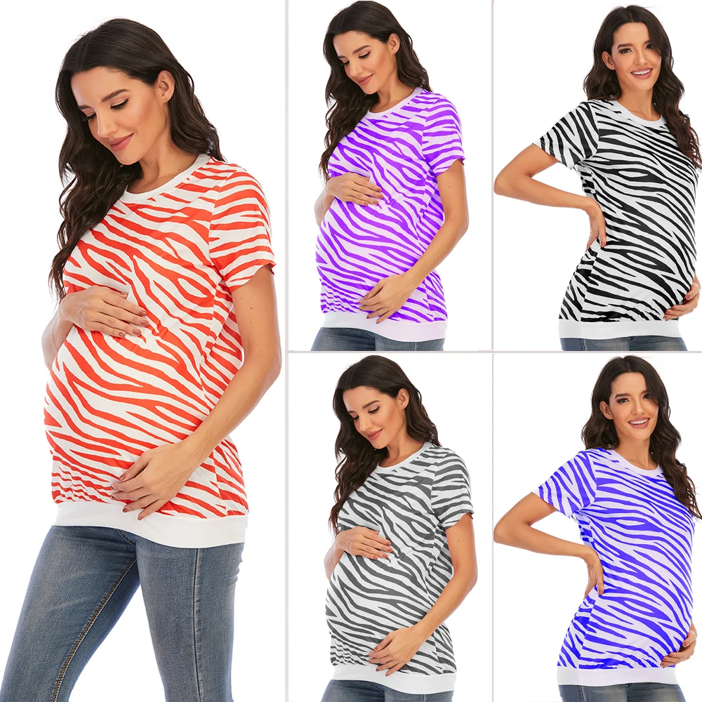 2022 Pregnancy Shirts Women Maternity Short Sleeve Zebra Pattern Print Tops T-shirt Pregnant Casual Maternity T Shirt 5 Colors