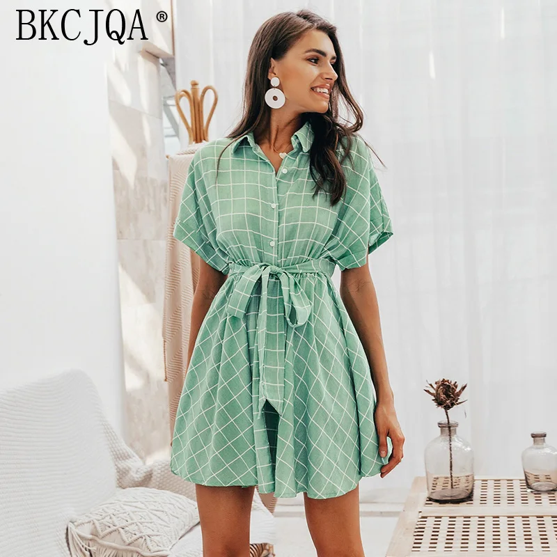 Женское платье Элегантное клетчатое с поясом женское коротким рукавом