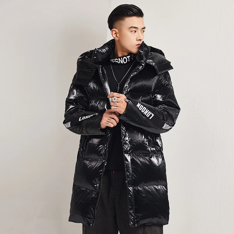 2021 new down jacket men's long fashion brand handsome hooded coat men loose thickened warm coat bright white duck down coubles