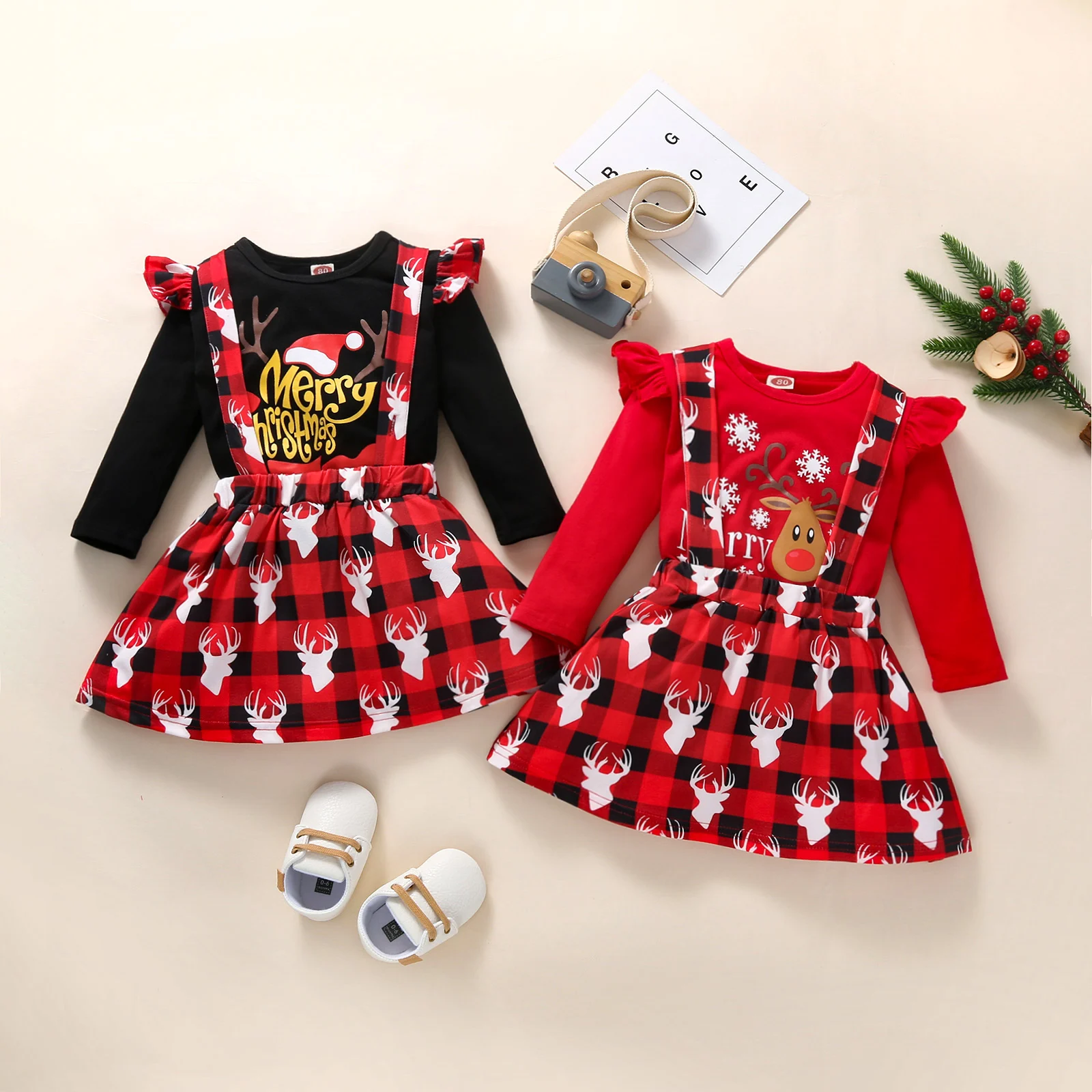 

2Pcs Toddler Christmas Outfits, Reindeer O-Neck Long Sleeves T-Shirt + Plaid Suspenders Skirt for Girls, 18 Months to 6 Years