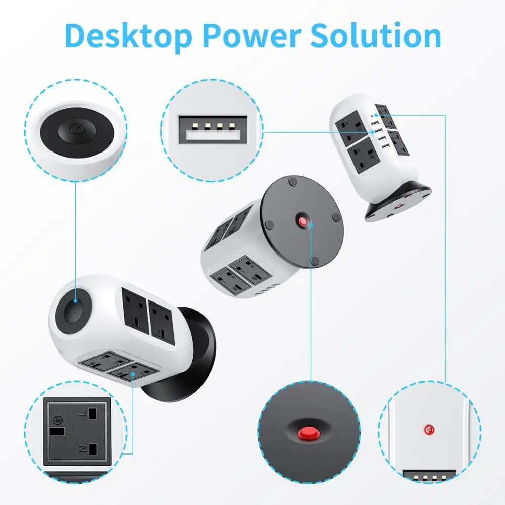 

Power Strip Tower UK Plug 4 USB Port 8 Way Outlets 5M/16.4ft Extension Cord 250V 2500W Overload Protection Vertical Multi Socket