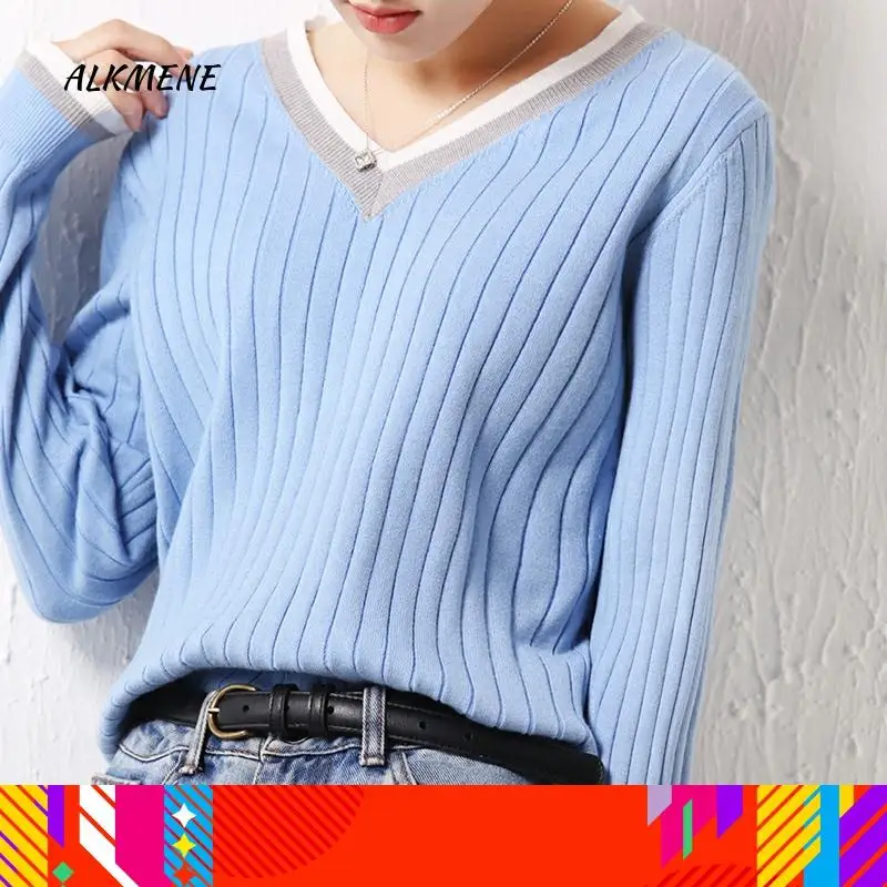 ALKMENE 2019 autumn and winter new knit bottoming sweater women's slim fashion V-neck short blue female pullover | Женская одежда