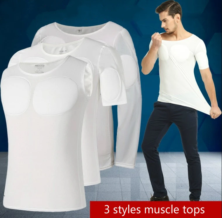 

Muscle Undershirt Men Body Building Pecs Strong Chest Tops Padded Shaper Soft Enhancers Underwear Sexy White Prayger 1010