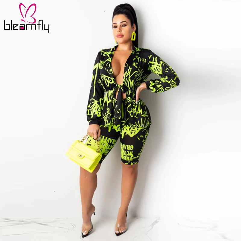 Осенний Женский комплект с буквенным принтом длинным рукавом v образным вырезом