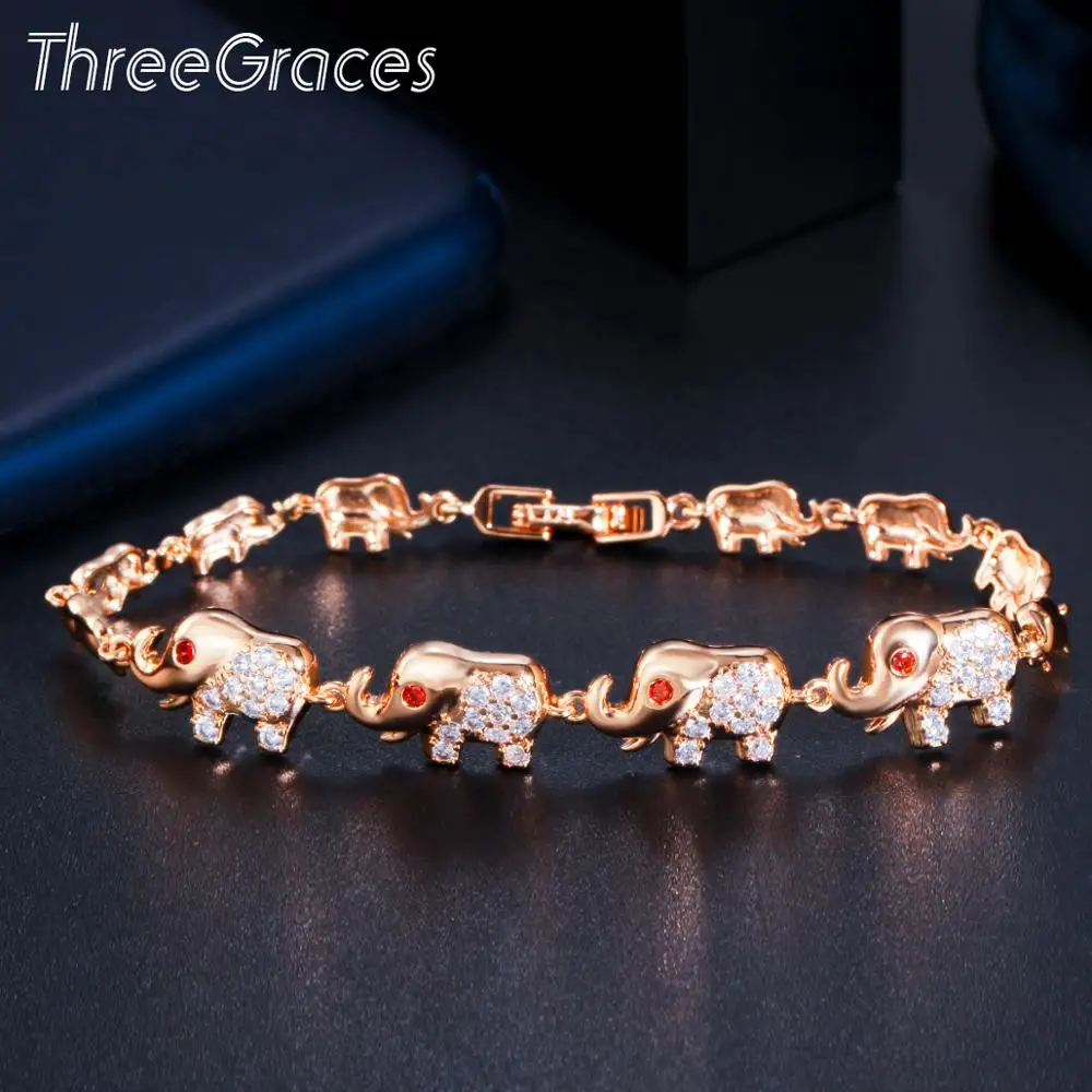 ThreeGraces милый слон животное Блестящий Белый Красный CZ камень 585 Золото Цвет шарм