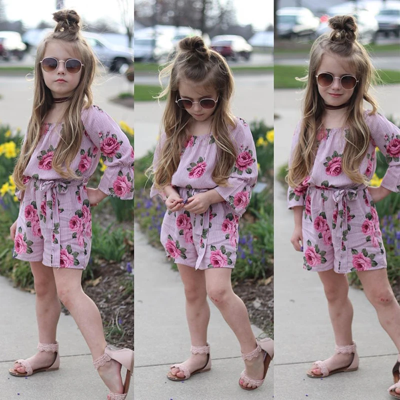 Children Toddler Kids Clothes Baby Girls Floral Printed Romper Off Shoulder Flare Sleeve Bow Striped Jumpsuit Playsuits Outfits | Детская