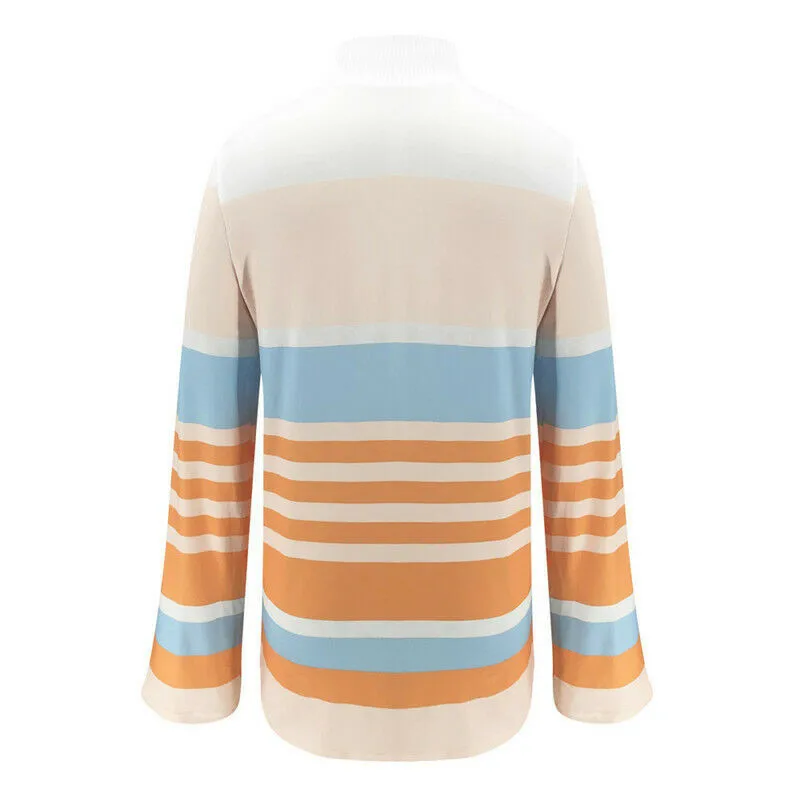 

Fashion Womens Loose High Neck Long Sleeve Tunic Top Pullover Striped Blouse Tunic T-Shirt Ladies Loose Pullover Top Blouse
