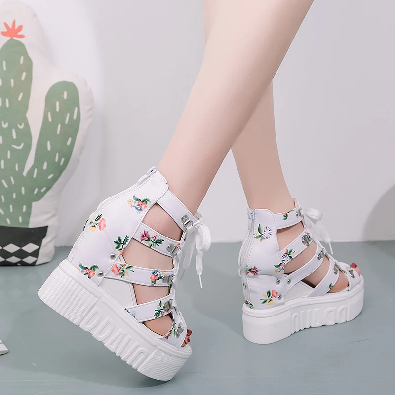

Summer Woman High Heels 10CM Wedge Peep Toe Sandals Elegant Pu Leather Platform Height Increasing Sandalis Print Shoes Size 34