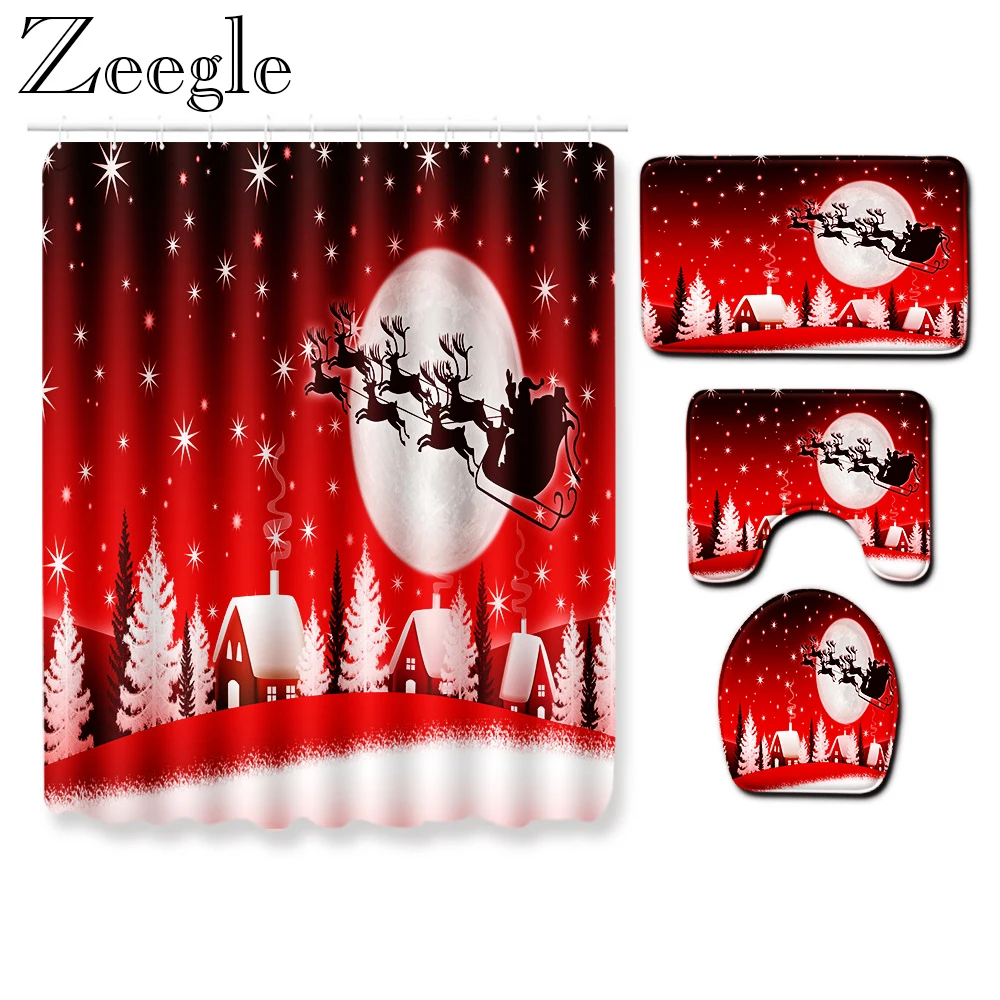 

Zeegle Waterproof Shower Curtain Christmas Bath Curtain Anti-slip Bathroom Rug Set Absorbent Toilet Cover Mat Bathroom Carpet
