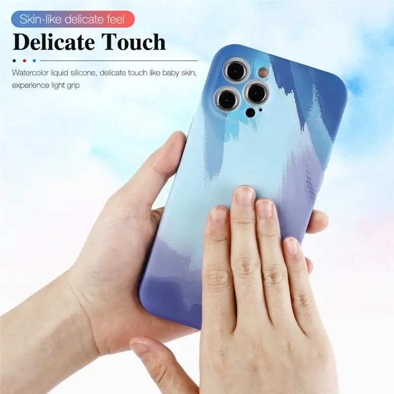 

Original Liquid Silicone Case For iPhone 12 11 Pro Max Mini X Xs XR 7 8 6 S 6s Plus SE 2020 Colorful Painting Watercolor Cover
