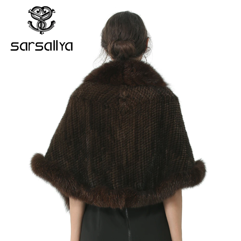 Женское пончо с натуральным мехом зимние теплые вязаные меховые из норки женские