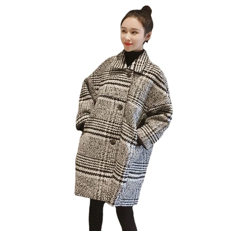 

Женское шерстяное пальто в клетку, классическое однобортное Свободное пальто средней длины в стиле Харадзюку из твида, элегантная верхняя ...