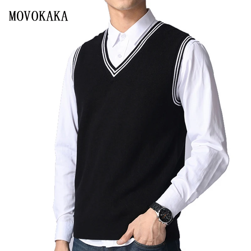 Корейский хлопковый мужской свитер пуловер жилет с V образным вырезом мужские