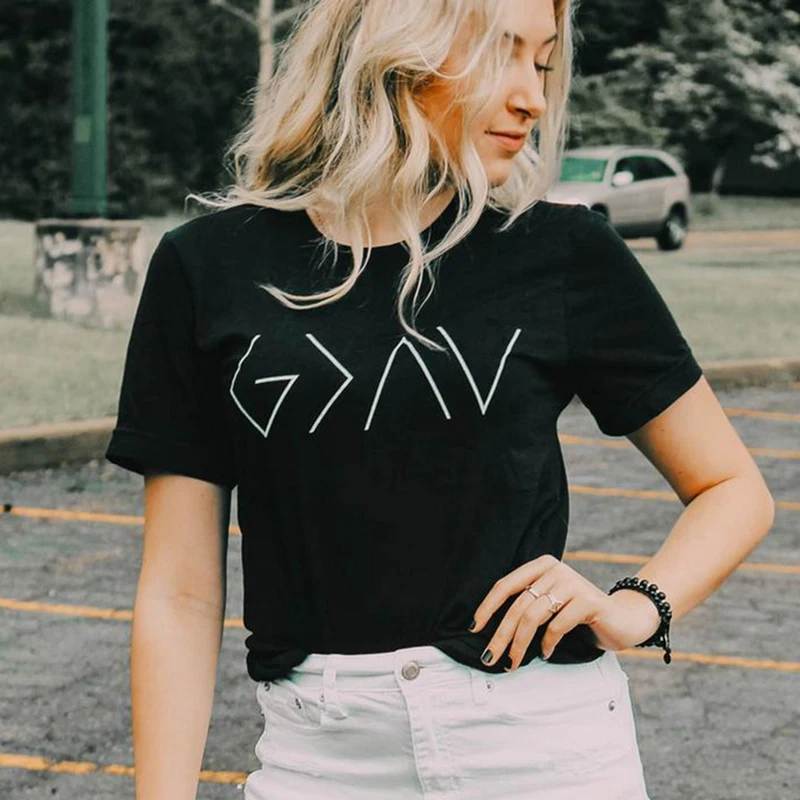 Женская с коротким рукавом God Is Greater светло-серая принтом Jesus большие размеры |