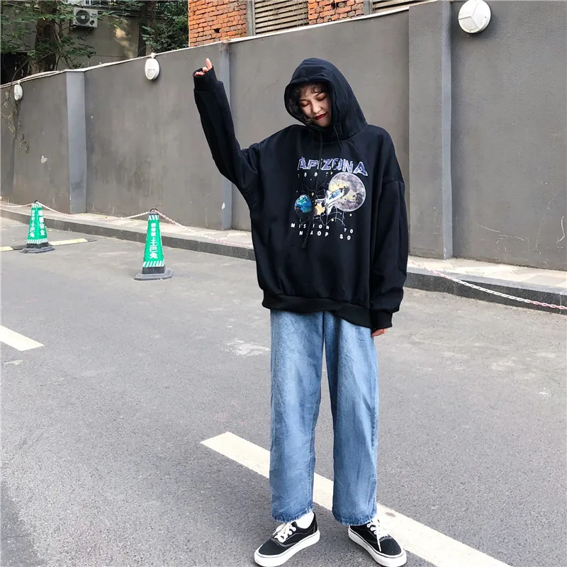 Paris Girl Women Loose Restore Star Airship Printing Black Thin Pullover O-neck Hoddie Sweatshirt Girls White Gray Hoodies