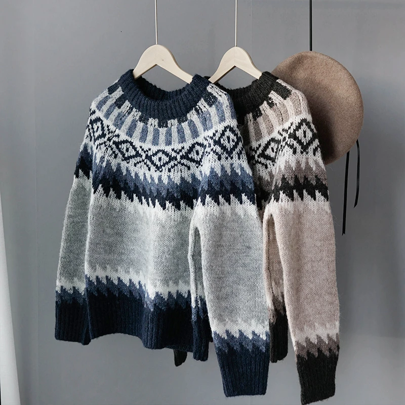 Женские зимние Джемперы винтажный свитер с геометрическим узором стиль бохо