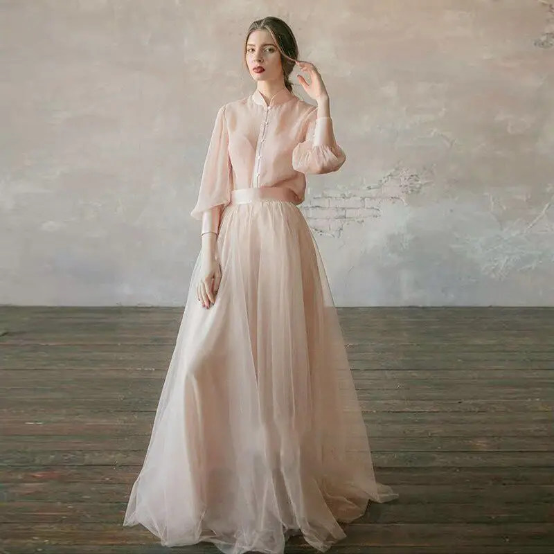 Vestidos de noiva свадебное платье одежда с длинным рукавом трапециевидной формы из тюля кремового цвета, приталенное платье принцессы, невесты Двойка свадебное платье