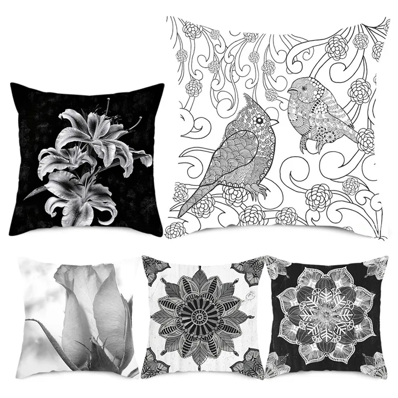 Чехол на подушку с цветочным принтом Fuwatacchi серый черный Цветочный фото чехлы для