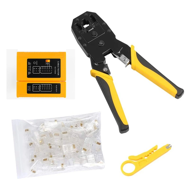 

Cable Tester RJ45 Crimp Tool Kit Crimp Crimper CAT5E CAT5 Crimping Tool with 100PCS RJ45 CAT5 CAT5E Connectors Kits
