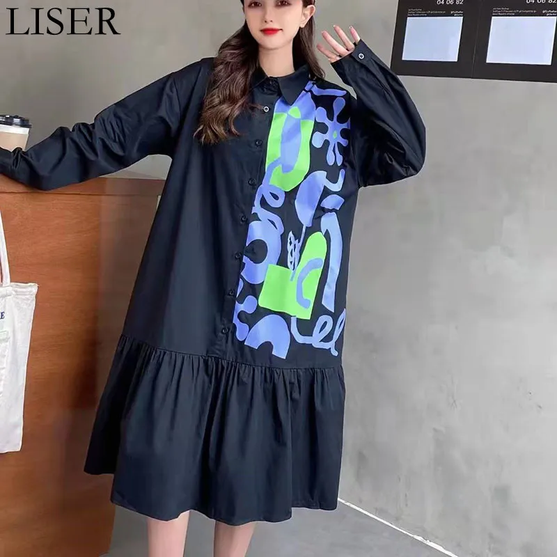 

2022 Spring New Loose Long-Sleeved Shirt Dress Women Fashion Print Stitching Ruffles Large Size Casual Dress White Black LL801