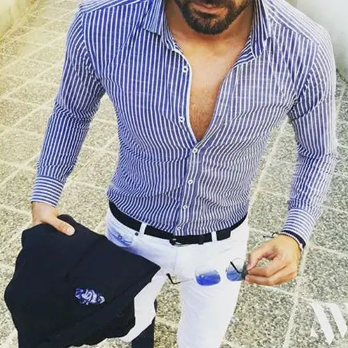 

2020 Work Wear Classic Fashion Mens Striped Shirts Business Smart Casual Shirt Tops Long Sleeve Slim Fit Lapel Top Men Clothing