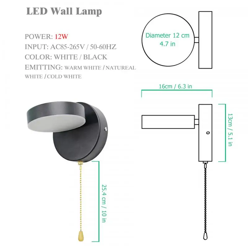 

Morden LED Wall Lamp 12W White/black Switch Dimmable Adjustable Wall Light Home Stairway Bedroom Bedside Study Reading Sconces