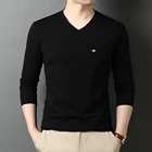 Мужская футболка с длинными рукавами, повседневная однотонная черная футболка из 95% хлопка, 5% спандекса, с V-образным вырезом, 2022