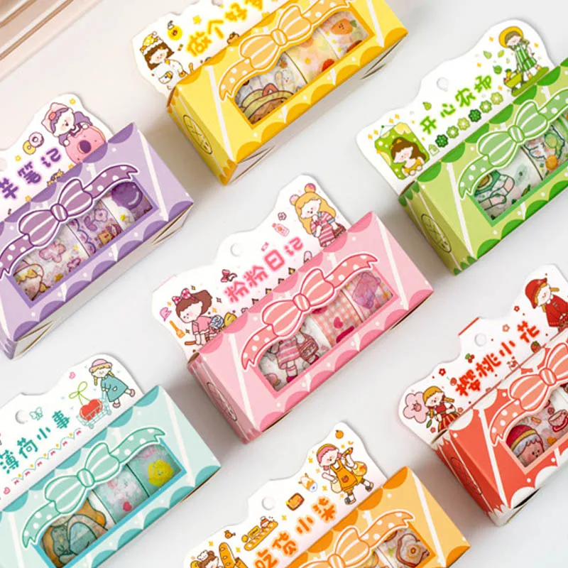 

5Rolls Creative Stationery Sticky Tape Set Hand Painted Cute Handbook DIY Material Stickers Office Decor School Supplies Student