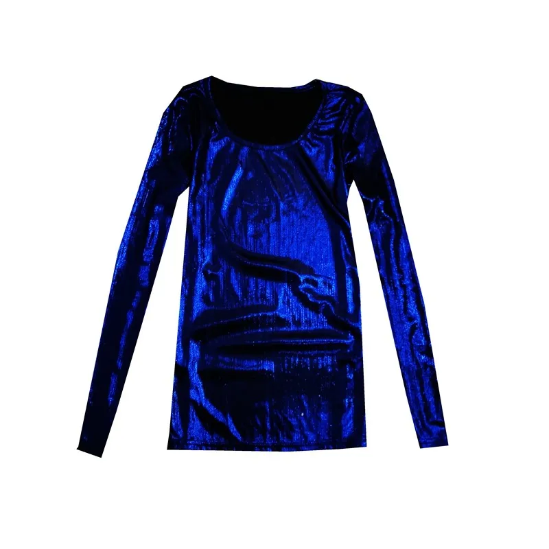 

Fashion Nightclub Shiny Metallic Color T-Shirt Women Autumn Slim Fit Long Sleeve O-Neck Tees Tops High Street Casual T-Shirts
