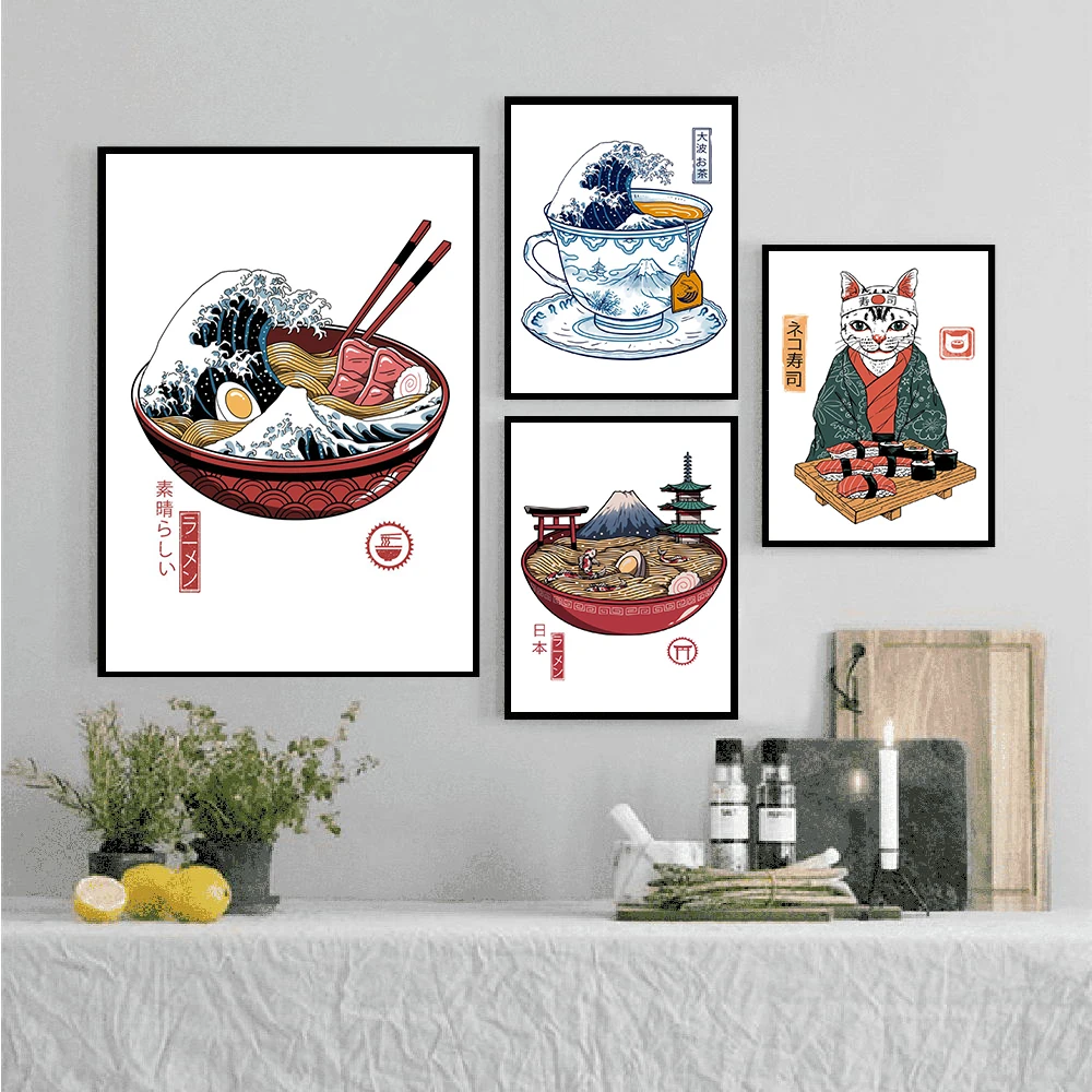 Японская кошка-Самурай рамен Декор для дома высокое качество картина