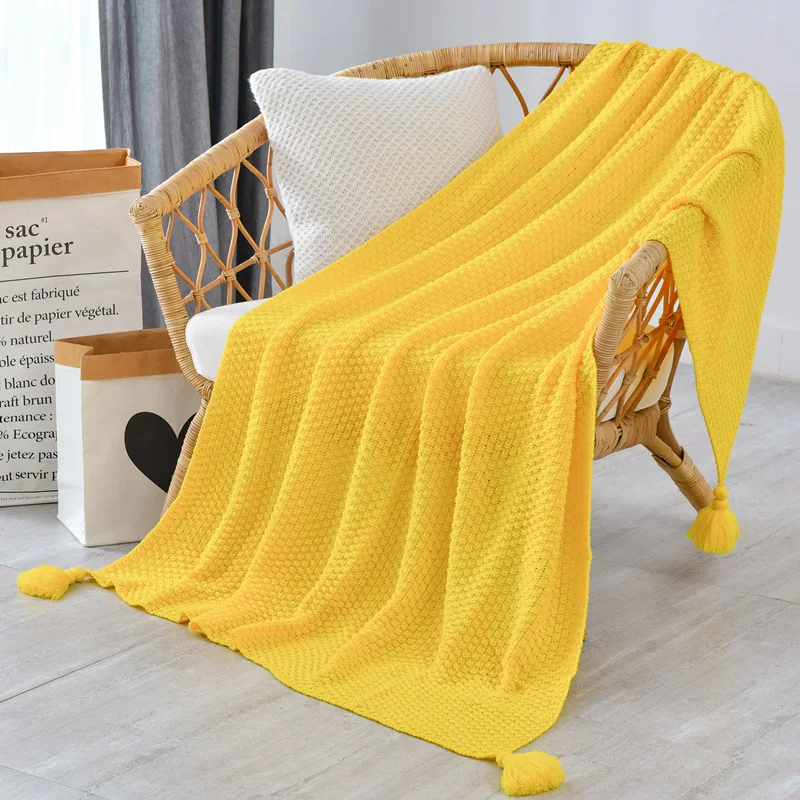 Yellow Одеяло с кисточками, однотонное бежевое серое кофейное покрывало для кровати, дивана, домашний текстиль, модная накидка, 130x170 см, вязаный ковер - Цвет: Yellow