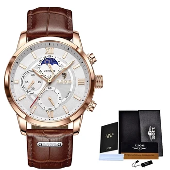 2022 LIGE Watches Mens Top Brand Luxury Clock Casual Leathe 24Hour Moon Phase Men Watch Sport Waterproof Quartz Chronograph+Box Other Image